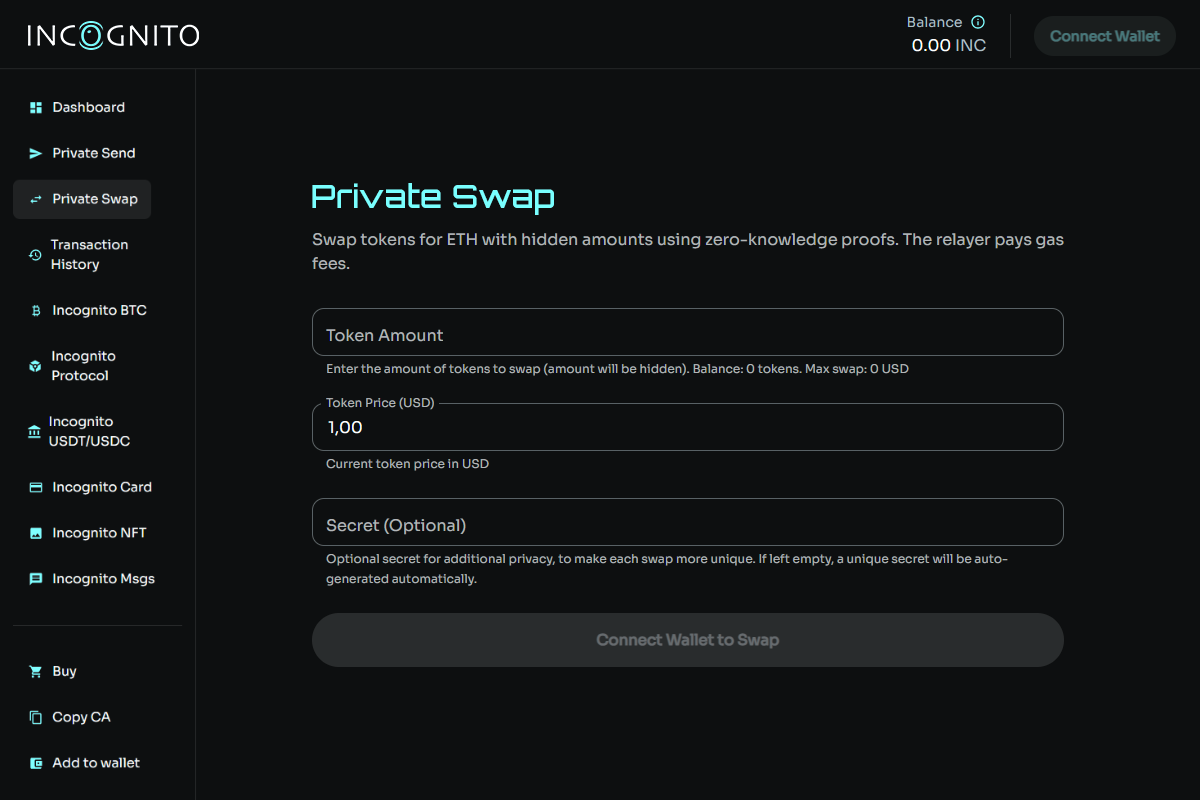 Incognito Gasless Swap dApp